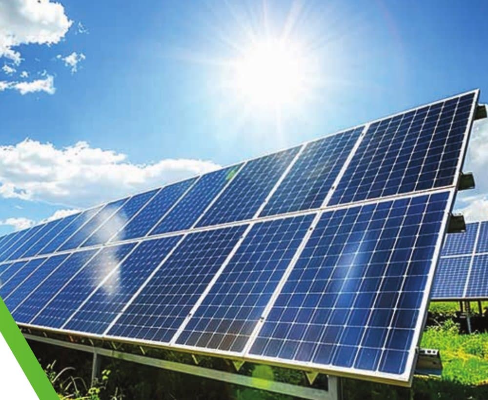 Rooftop solar panel array under a clear sky